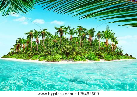 Whole Tropical Island Within Atoll In Tropical Ocean.