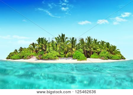 Whole Tropical Island Within Atoll In Tropical Ocean.
