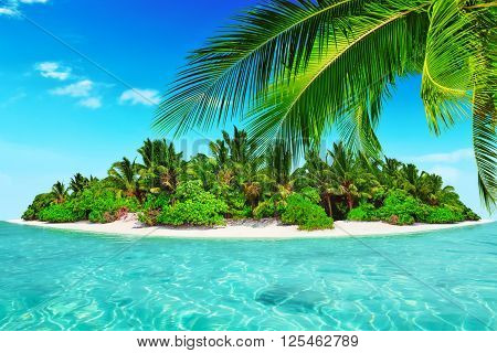Whole Tropical Island Within Atoll In Tropical Ocean.