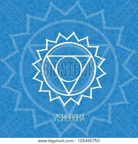 Lines geometric illustration of one of the seven chakras - Vishuddha on the blue background the symbol of Hinduism Buddhism. Hand painted mandala texture. For design associated with yoga and India.