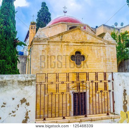 The view on the frontage of the Mensa Christi church that located in maze of streets in old town of Nazareth Israel.