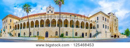 The panoramic view on the Don Bosco vocational high school and Selesian Church of Jesus the Adolescent Nazareth Israel.