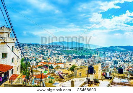 The view on the central part of the Nazareth with its main landmark Basilica of the Annunciation Israel.