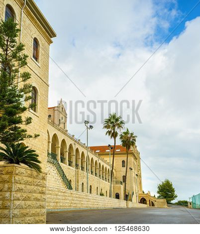 The courtyard of the Don Bosco vocational high school on the top of the hill in Nazareth Israel.