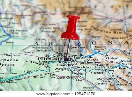 Map with pin point of Phoenix in Arizona, USA