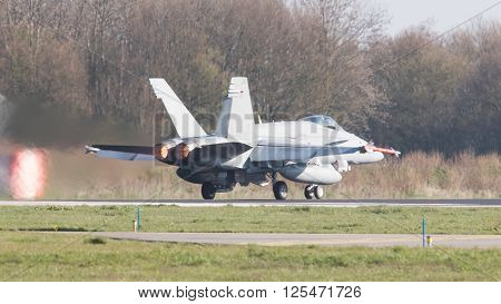 Leeuwarden, Netherlands - April 11, 2016: Finish Air Force F-18 Hornet Landing During The Exercise F
