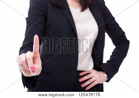 Business Woman Touching Imaginary Screen Or Pressing Button With Her Finger Isolated On White