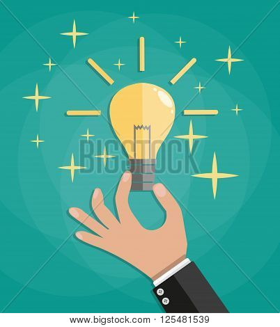 Cartoon businessman Hand holding bulb with sparks. idea concept. vector illustration in flat design on green background