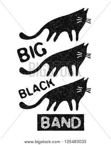 Gang of black cats. Retro design for posters, T-shirts, bags with silhouettes of cats and grunge effect. Vector illustration