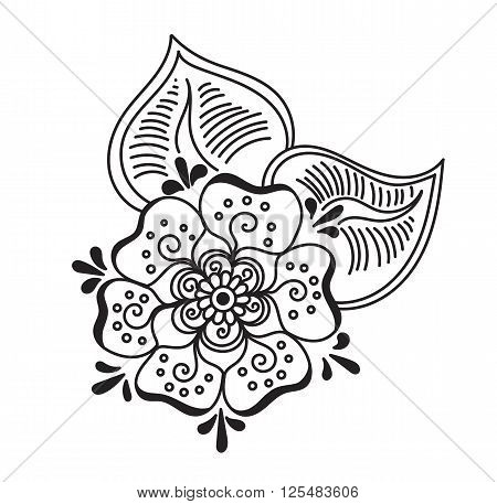Vector abstract pattern of tattoo henna flower. Stock mehndi illustration for design on white background.