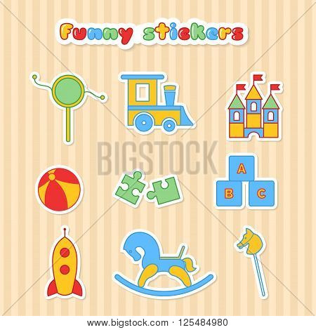 Set of vector sticker of toys. Collection of toys stikers for children. Vector illustration in a flat style. Vector elements for web design, mobile applications, design flyers discounts, advertising