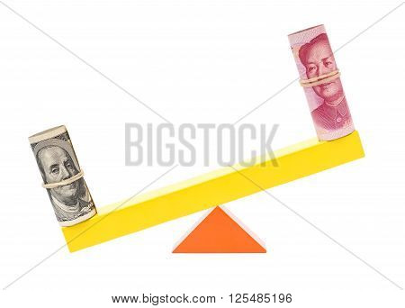 usd heavier than rmb on teeterboard on white background