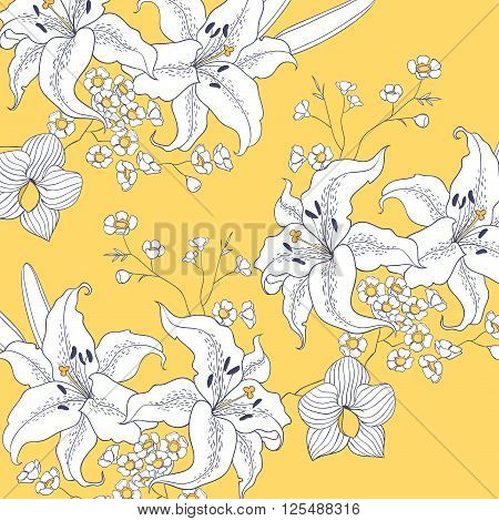 vector floral background with hand drawn white lily
