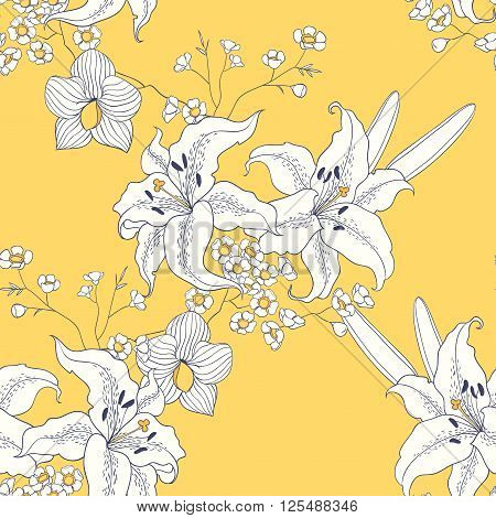 vector seamless pattern with hand drawn white lily