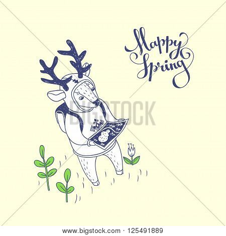 vector hand drawn illustration with Deer outdoor