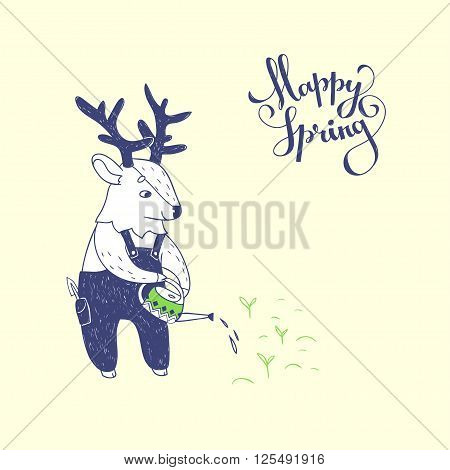 Happy Spring. vector graphic illustration with Deer watering in the garden