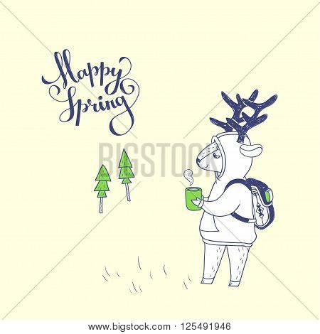 Happy spring. hand drawn illustration with cute deer outdoor