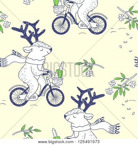vector seamless pattern with deer riding a bike