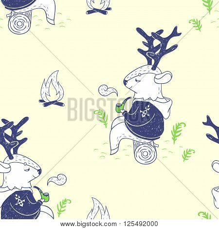 vector seamless pattern with deer smoking a pipe at the fire