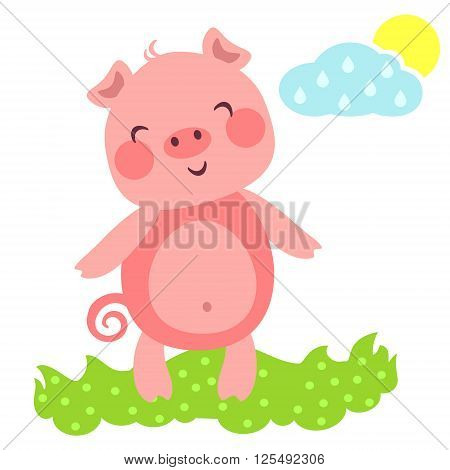 Vector illustration of cute piggy on a meadow. Little smiling pig