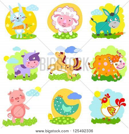 Set of farm animals: rabbit sheep donkey cow horse bull yak buffalo pig piggy chicken rooster