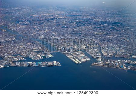 Aerial view of Tokyo Bay in Tokyo, Japan.