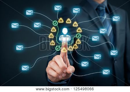 Protect e-mail against spam (junk mail) concept. Envelopes representing e-mails icons representing information about mail and end user with notebook.