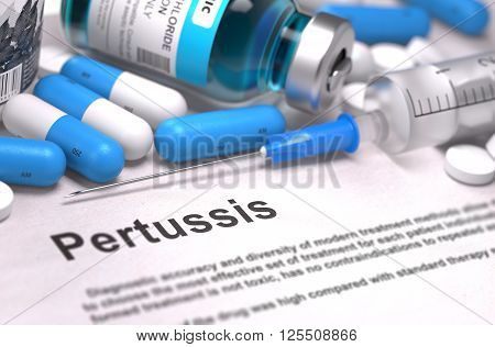 Diagnosis - Pertussis. Medical Concept with Blue Pills, Injections and Syringe. Selective Focus. Blurred Background. 3D Render.