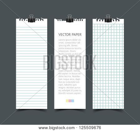 Set of blank white notepaper vertical web banners with shadow isolated on dark background. Paper sheets template for design. Realistic vector torn notepaper sheets.