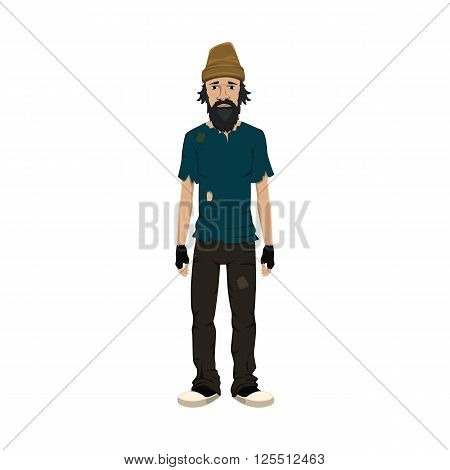 Homeless skinny shaggy man in dirty old clothes isolated on white background. Vector illustration.