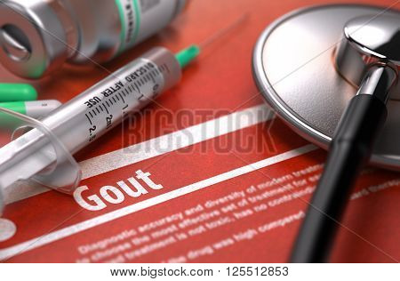 Gout - Printed Diagnosis with Blurred Text on Orange Background and Medical Composition - Stethoscope, Pills and Syringe. Medical Concept. 3D Render.