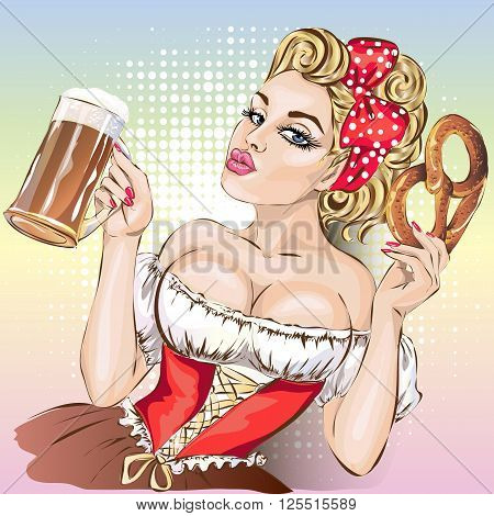 Oktoberfest Pin-up Woman With Beer And Pretzel Wearing German Traditional Dress Dirndl