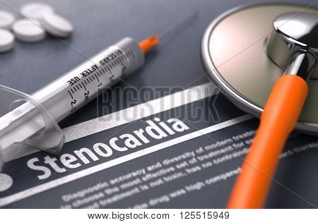 Stenocardia - Printed Diagnosis with Blurred Text on Grey Background and Medical Composition - Stethoscope, Pills and Syringe. Medical Concept. 3D Render.