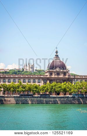 LYON, FRANCE - JUNE 7: Hotel de Dieu with dome and Rhone river Lyon France. June 2015