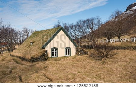 Famous Hofskirkja turf church at Hof place in Southeast Iceland