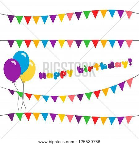 Vector illustration of holiday with flags and balloons. Set happy birthday. garland  isolated on white background.