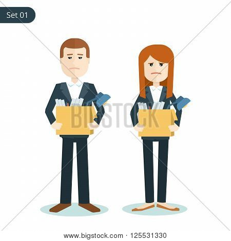 unemployed sad man and woman with boxes in their hands during the financial crisis. flat illustration isolated on white background.