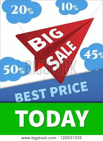 Large Discounts, big sale, vector airplane in the sky. design poster. Discount web banner template. Sale and special offer. Up to 50 off.  isolated on white background.
