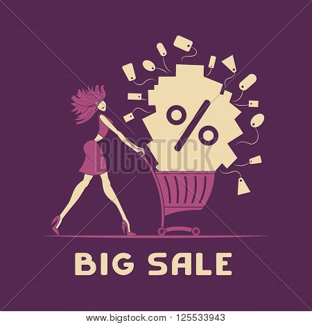 Vector illustrstion big sale. Girl with shopping cart.