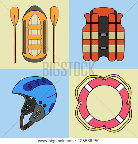 Vector set of rafting equipment - vest ring-buoy rafts helmet. On isolated background.