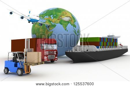 Cargo ship, truck, plane and loader with boxes. 3d image