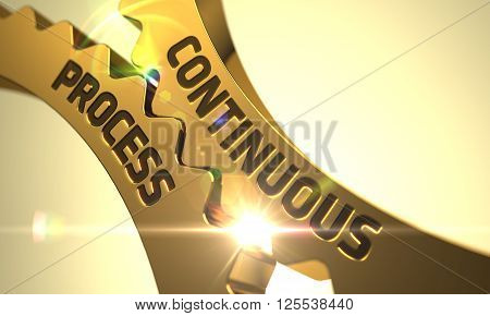 Continuous Process on the Mechanism of Golden Cogwheels with Glow Effect. Continuous Process on Mechanism of Golden Metallic Gears with Lens Flare. 3D Render.