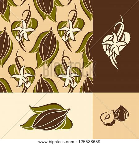 Cocoa bean with leaves and vanilla flower with pods. Seamless pattern and design elements