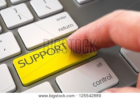 Hand using Computer Keyboard with Support Yellow Button, Finger, Laptop. Computer User Presses Support Yellow Keypad. Finger Pushing Support Keypad on Computer Keyboard. 3D Illustration.