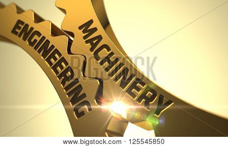 Machinery Engineering on Golden Cogwheels. Machinery Engineering on the Mechanism of Golden Metallic Cogwheels with Glow Effect. Machinery Engineering - Concept. 3D.