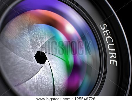 Secure Concept. Closeup of a Digital Camera Lens  with Beautiful Color Lights Reflections. Secure - Concept on Front of Camera Lens with Colored Lens Reflection, Closeup. 3D.