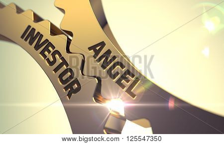 Angel Investor Golden Metallic Cog Gears. Angel Investor - Industrial Design. Angel Investor on Mechanism of Golden Metallic Cog Gears. Angel Investor - Concept. 3D Render.
