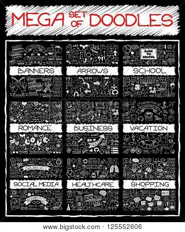 MEGA set of doodles. Chalk board hand drawn symbols. Super collection of banners, arrows, back to school, romantic love, business and finance, vacation, social media, healthcare and shopping elements