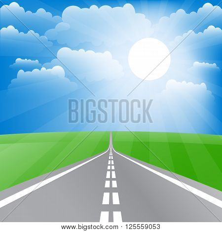 Spring landscape with road and sun. Vector illustration