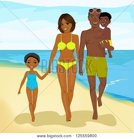young african american family walking happy along beach